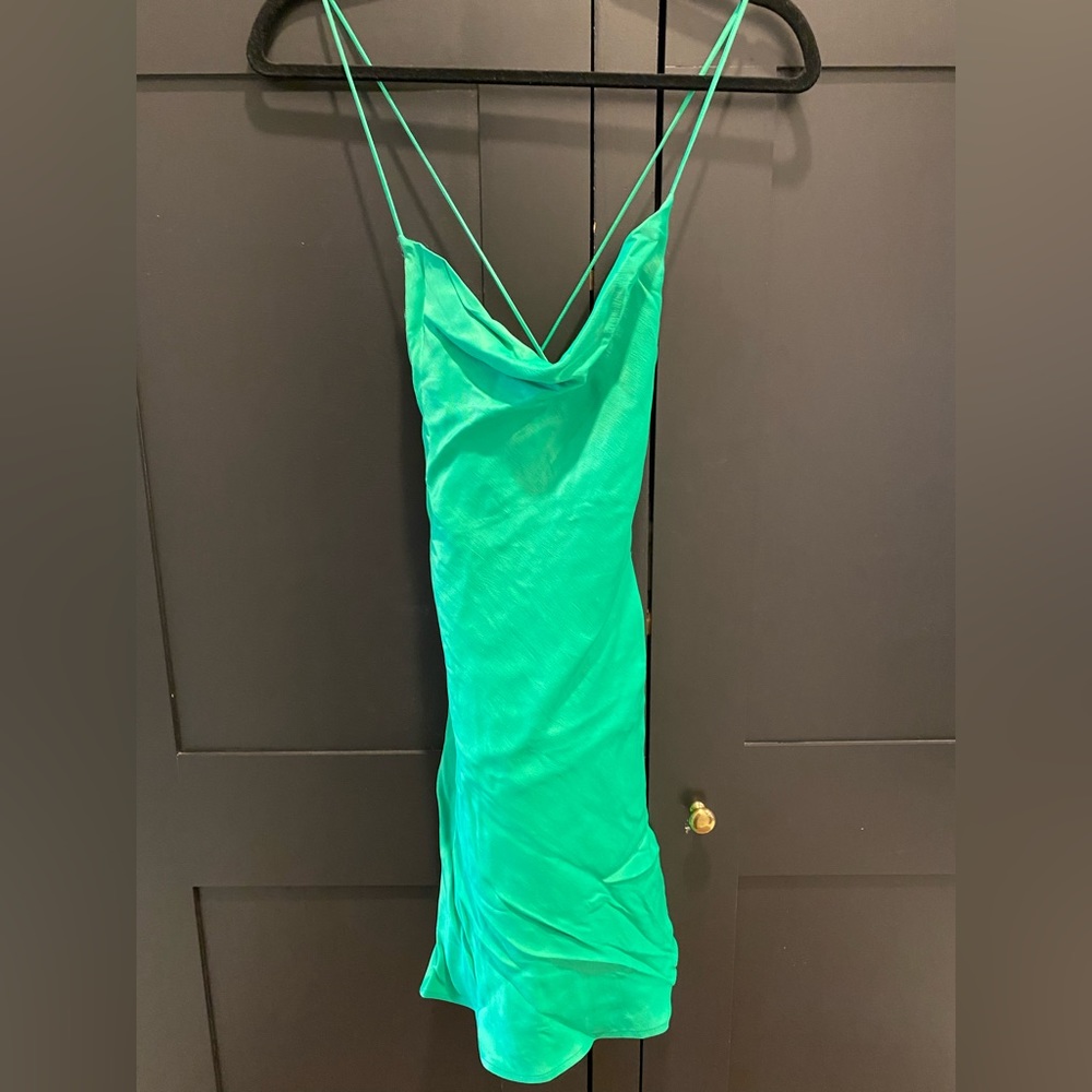 Zara Short Satin Effect Dress Green - Picture 11 of 14
